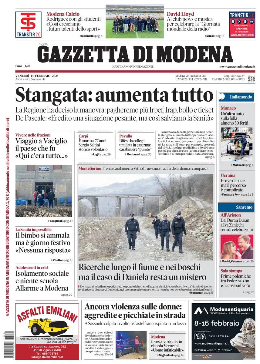 Prima-pagina-gazzetta di modena-oggi-edizione-del-2025-02-14